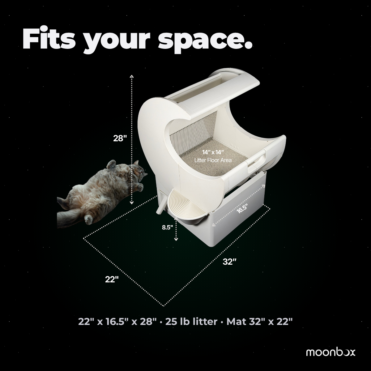 Moonbox Classic on its Litter-catch mat, shown to scale